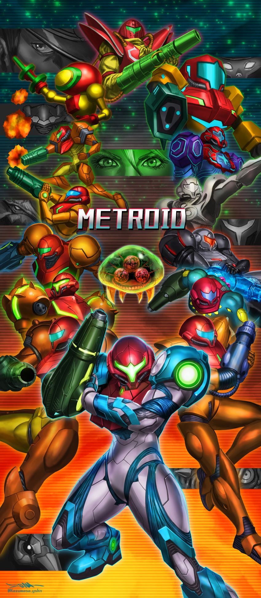 absurdres, adam_malkovich, arm_cannon, dark_samus, helmet, highres, light_suit, looking_at_viewer