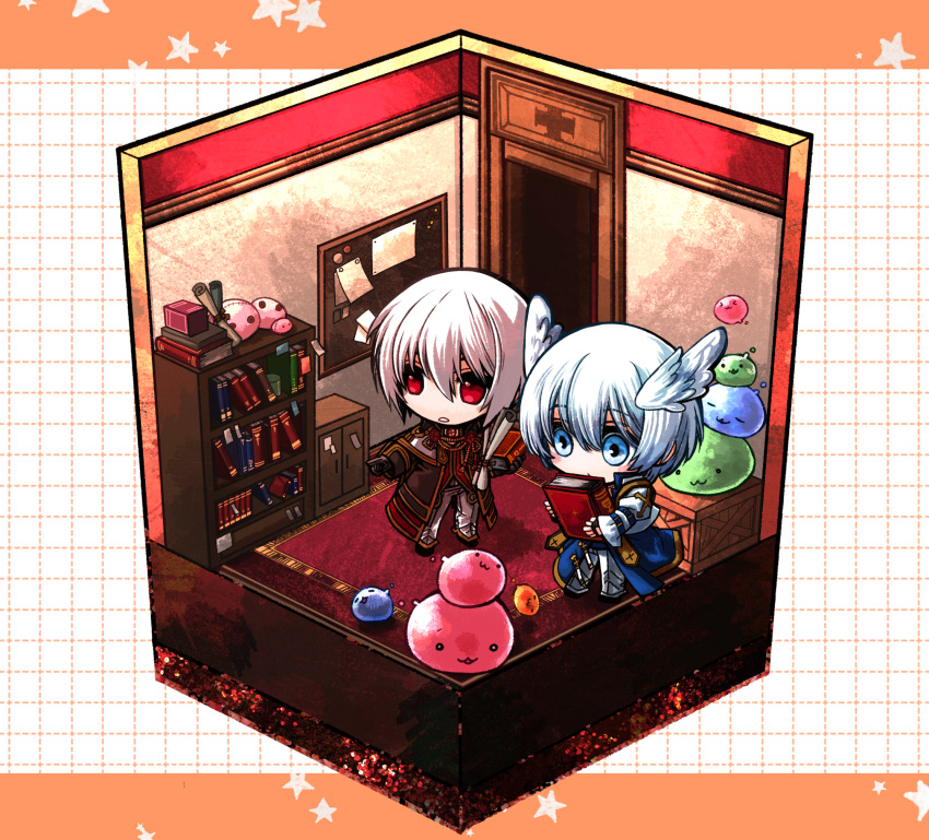 2boys, :3, arch_bishop_(ragnarok_online), bangs, black_footwear, black_gloves, blue_coat, blue_eyes