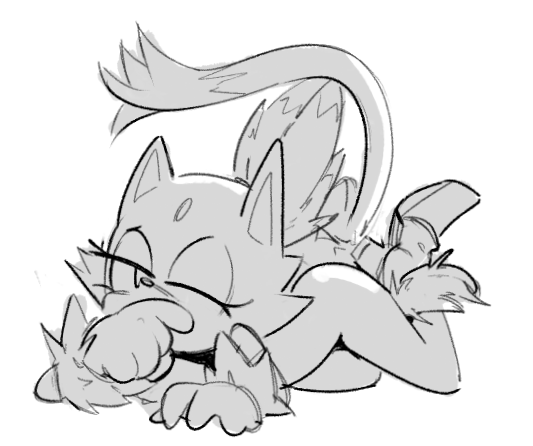 1girl, all_fours, animal_ears, animal_nose, arm_support, bare_shoulders, blaze_the_cat, body_fur, cat_ears, cat_girl, cat_tail, commentary, covered_mouth, english_commentary, eyelashes, feet_up, forehead_jewel, from_side, full_body, fur-trimmed_footwear, fur-trimmed_gloves, fur_trim, furry, gloves, greyscale, half-closed_eye, hand_up, high_heels, makeup, mascara, monochrome, nokonorii, nude, simple_background, solo, sonic_(series), sonic_rush, tail, thighs, tied_hair, topknot, unfinished, white_background