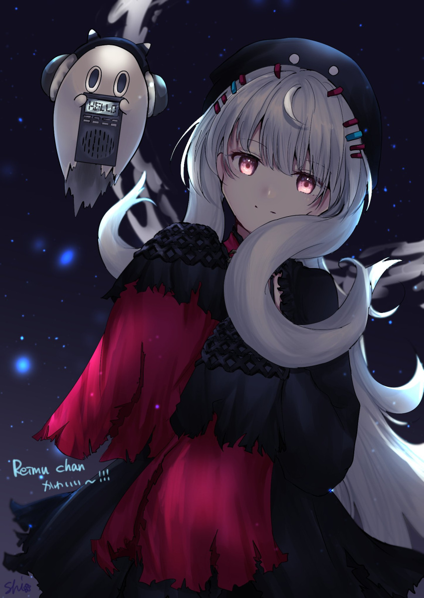 1girl, bangs, beret, black_background, black_dress, black_headwear, character_name, dress