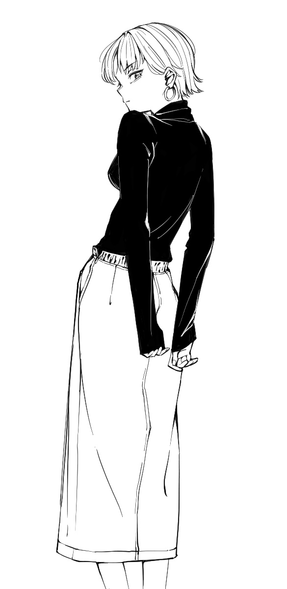 1girl, arms_behind_back, bangs, black_shirt, breasts, daofu1911, expressionless, long_skirt