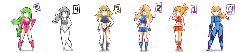 :<, absurdres, countdown, crop_top, demonbloodpal, eyeshadow, green_hair, gun, hair_over_one_eye, handgun, highres, justin_bailey, leotard, makeup, metroid, metroid_(classic), metroid_2:_return_of_samus, metroid_dread, metroid_fusion, monochrome, multiple_persona, panties, ponytail, samus_aran, short_shorts, shorts, simple_background, smile, super_metroid, thong, underwear, weapon, wide_image, wristband, zero_suit