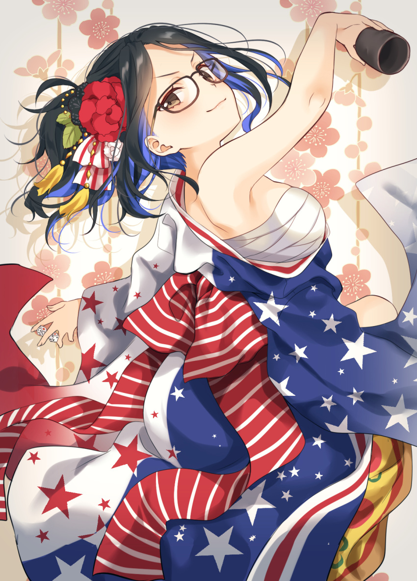 1girl, american_flag, american_flag_print, bandages, black_hair, blue_hair, breasts, brown_eyes