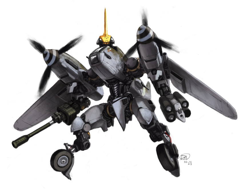 airplane_wing, arm_cannon, black_eyes, boogwerks, cable, english_commentary, highres, horns