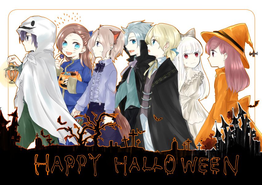 3girls, 3so4ru5959, 4boys, absurdres, alan_stuart, animal_ears, aqua_eyes, asymmetrical_bangs, bangs, black_bow, black_cape, black_cloak, black_eyes, black_hair, blonde_hair, blue_dress, blue_eyes, blunt_bangs, bow, brother_and_sister, brown_eyes, brown_hair, candy, cape, cat_ears, chinese_clothes, cloak, closed_mouth, commentary, dress, english_text, eyebrows_visible_through_hair, fake_animal_ears, food, from_side, geordo_stuart, ghost_costume, grey_hair, hair_bow, halloween_costume, happy_halloween, hat, highres, holding_lamp, jack-o'-lantern, katarina_claes, keith_claes, light_brown_hair, long_hair, looking_at_another, looking_back, mary_hunt, medium_hair, multiple_boys, multiple_girls, nicol_ascart, open_mouth, orange_dress, orange_headwear, otome_game_no_hametsu_flag_shika_nai_akuyaku_reijou_ni_tensei_shite_shimatta, red_eyes, scar, scar_on_face, scar_on_forehead, short_hair, short_ponytail, siblings, silver_hair, smile, sophia_ascart, standing, sweatdrop, vampire_costume, white_dress, witch_hat, younger