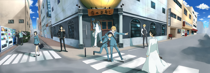 brezhnev_simon, car, clouds, dualscreen, durarara!, heiwajima_shizuo, kadota_kyohei, karisawa_erika