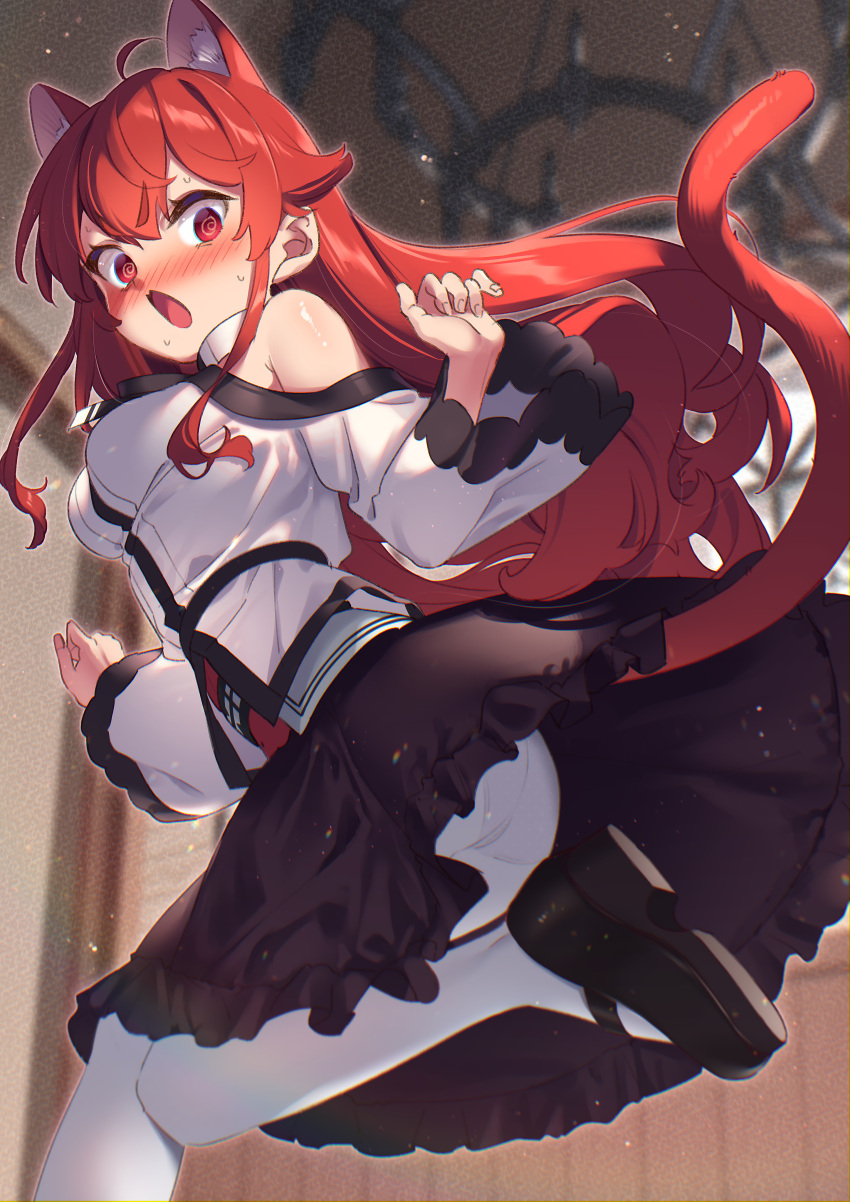 1girl, @_@, absurdres, animal_ears, ass, bare_shoulders, black_footwear, black_skirt