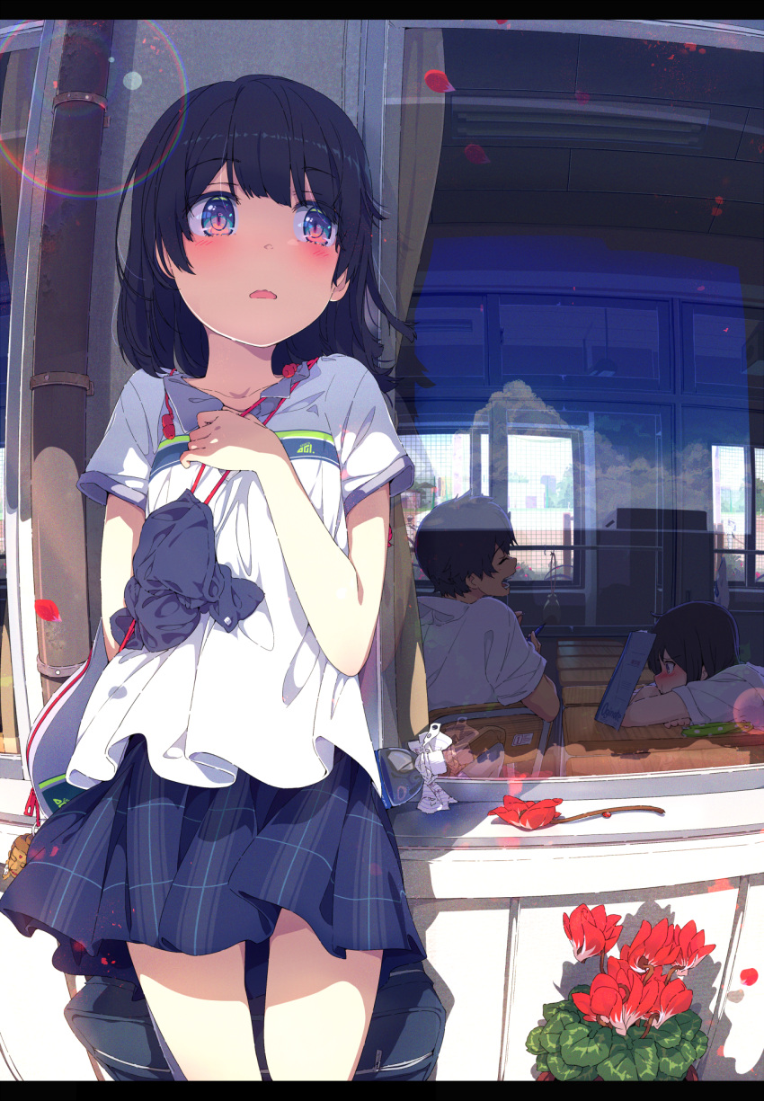 1boy, 2girls, bag, bag_charm, bangs, black_hair, blue_eyes, blue_skirt