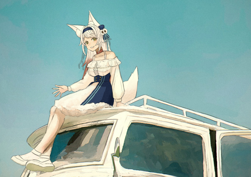 1girl, absurdres, animal_ear_fluff, animal_ears, bangs, blue_hairband, blue_ribbon, blue_skirt