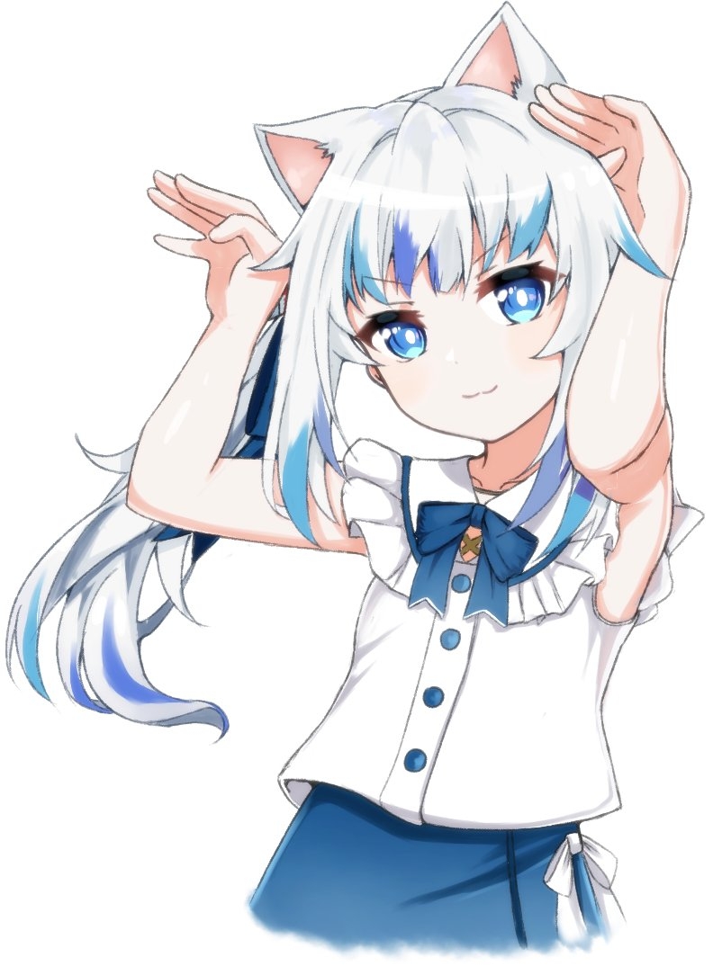 >:), 1girl, animal_ear_fluff, animal_ears, armpits, arms_up, bangs, bare_arms