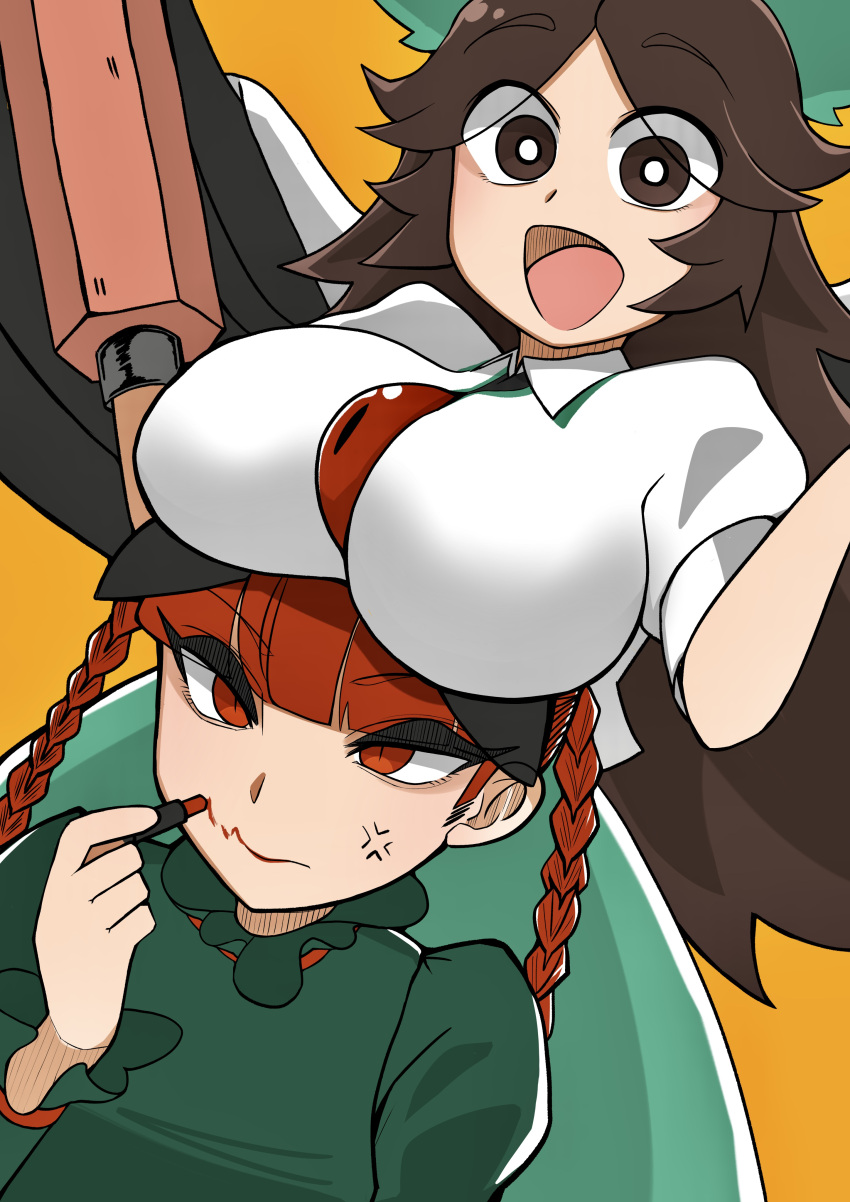 2girls, :d, absurdres, anger_vein, animal_ears, annoyed, applying_makeup, arm_cannon