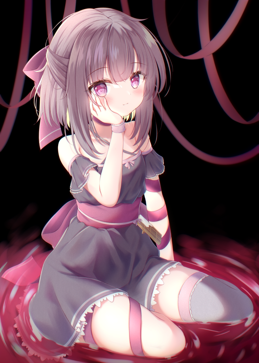 1girl, bangs, bare_shoulders, black_dress, blush, bow, brown_hair, choker