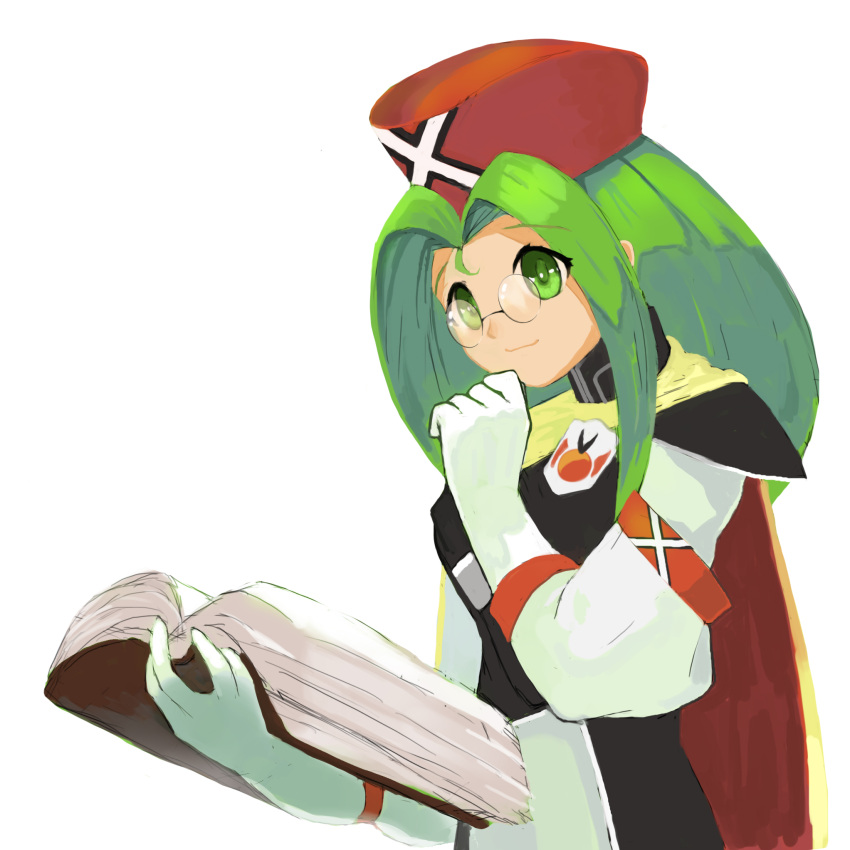 1girl, akumesik, armor, book, cape, closed_mouth, glasses, gloves