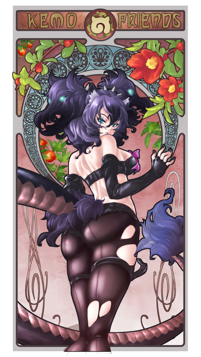 1girl, animal_ear_fluff, animal_ears, aqua_eyes, arm_at_side, art_nouveau, ass, back