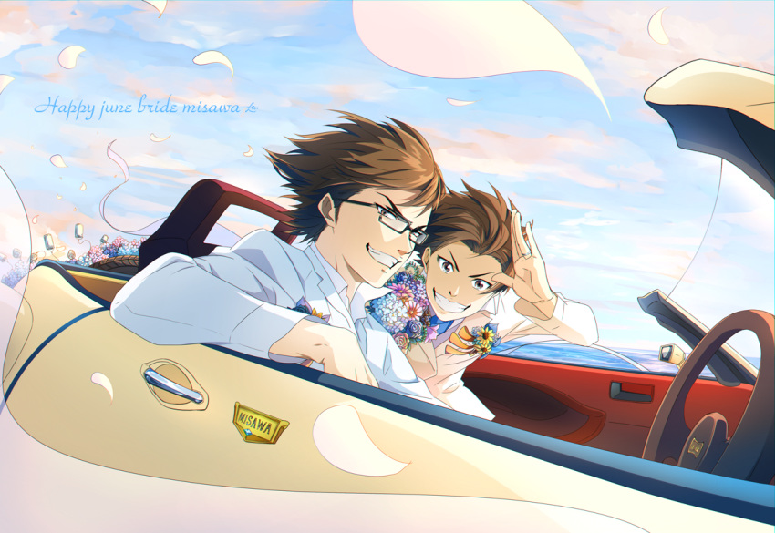 2boys, ace_of_diamond, brown_eyes, brown_hair, car, clouds, cloudy_sky, couple, day, falling_petals, flower, formal, glasses, ground_vehicle, husband_and_husband, jacket, jewelry, looking_at_viewer, male_focus, miyuki_kazuya, motor_vehicle, multiple_boys, na_na_roku, on_vehicle, petals, ring, sawamura_eijun, short_hair, sideburns, sky, smile, suit, teeth, wedding, wedding_ring, white_jacket, white_petals, white_suit