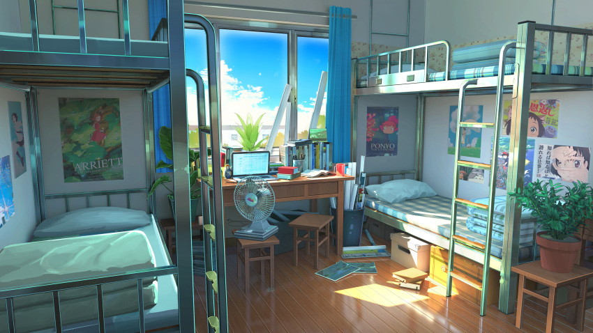 absurdres, apartment, bed, blue_sky, box, bunk_bed, chair, chinese_commentary, clouds, computer, cup, curtains, day, desk, electric_fan, highres, interior, ladder, laptop, no_humans, original, paper, paper_roll, pencil, pillow, plant, poster_(object), potted_plant, reflective_floor, room, scenery, sky, sunlight, window, wooden_floor, xingzhi_lv