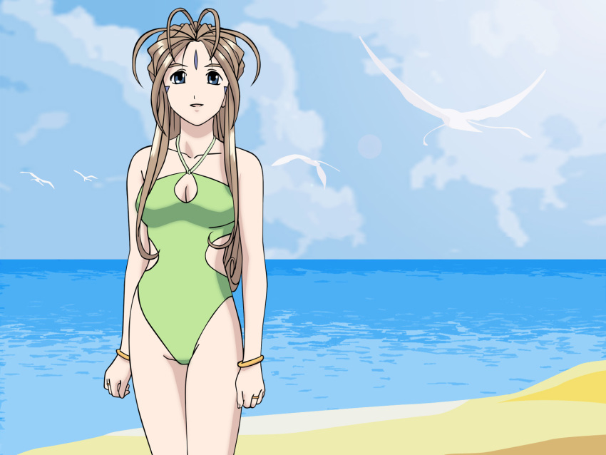 1girl, aa_megami-sama, bangs, beach, belldandy, blue_eyes, bracelet, breasts, brown_hair, cleavage, cleavage_window, collarbone, facial_markings, forehead_mark, goddess, green_swimsuit, happy, legs_together, long_hair, medium_breasts, ocean, one-piece_swimsuit, ring, sky, summer, swimsuit, thighs, vector, waist_length_hair, water, woman