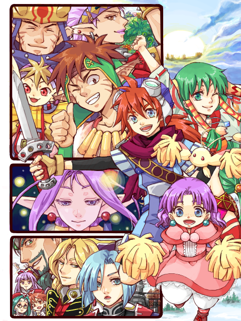 6+boys, 6+girls, animal_ears, baal_(grandia), closed_mouth, dress, earrings, feena_(grandia)