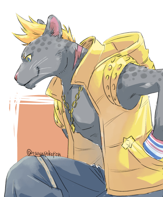 1boy, animal_ears, animal_nose, artist_name, black_fur, black_pants, blonde_hair, blue_eyes, body_fur, chain, claw_(world_flipper), closed_mouth, colored_sclera, commentary_request, eyebrow_piercing, from_side, furry, furry_male, hand_in_pocket, happy, hood, hood_down, hooded_vest, hoodie, jaguar_boy, jaguar_ears, jewelry, leaning_forward, looking_down, male_focus, necklace, open_clothes, open_vest, pants, piercing, profile, scar, scar_on_neck, short_hair, signature, simple_background, sitting, smile, snout, solo, sweatband, tatsuri_(forest_penguin), twitter_username, two-tone_background, vest, whiskers, white_background, world_flipper, yellow_sclera, yellow_vest