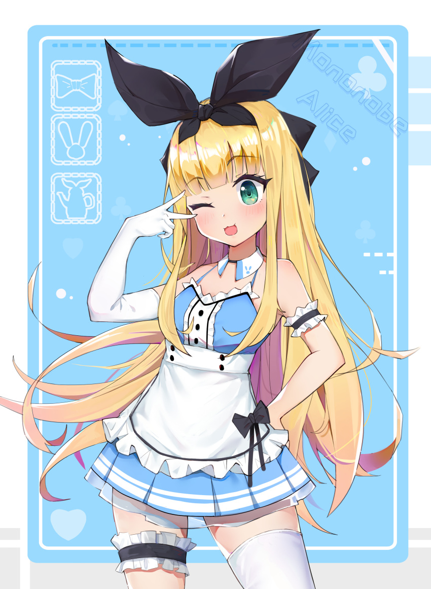1girl, :3, absurdres, alice_(alice_in_wonderland), alice_(alice_in_wonderland)_(cosplay), apron, arm_behind_back, bangs