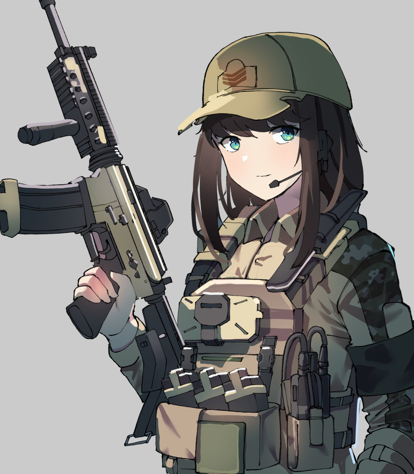 1girl, absurdres, assault_rifle, baseball_cap, brown_hair, bulletproof_vest, camouflage, closed_mouth