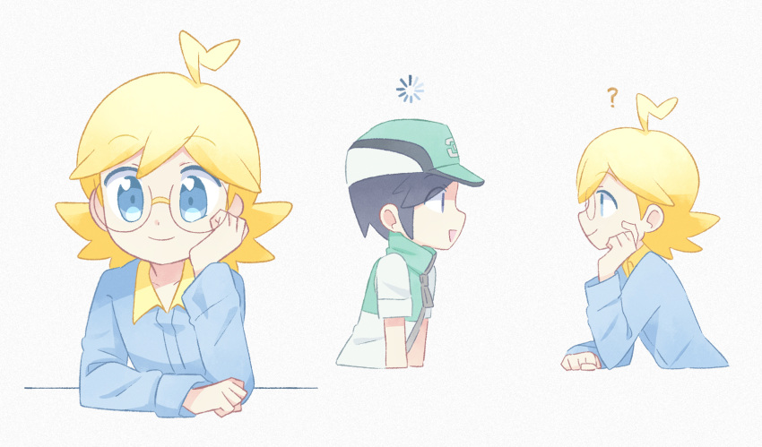 2boys, ?, ahoge, akasaka_(qv92612), bangs, baseball_cap, black_hair, blonde_hair