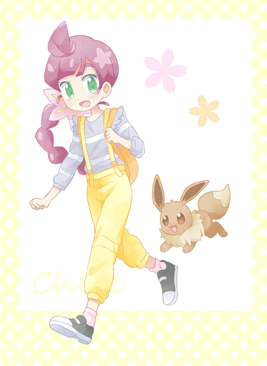1girl, :d, ahoge, akasaka_(qv92612), backpack, bag, bangs, black_footwear, blush, braid, braided_ponytail, chloe_(pokemon), commentary_request, eevee, eyebrows_visible_through_hair, eyelashes, green_eyes, grey_shirt, highres, holding_strap, legs_apart, open_mouth, orange_bag, pants, pink_legwear, pokemon, pokemon_(anime), pokemon_(creature), pokemon_swsh_(anime), shirt, shoes, smile, socks, suspenders, tongue, yellow_pants