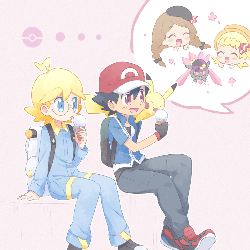 2boys, 2girls, akasaka_(qv92612), arm_support, ash_ketchum, backpack, bag, bangs