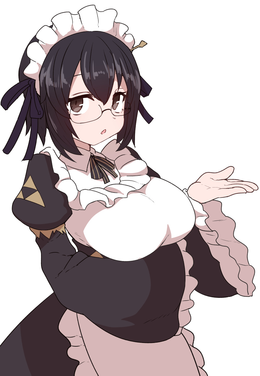1girl, apron, black_eyes, black_hair, black_neckwear, black_ribbon, breast_rest, breasts