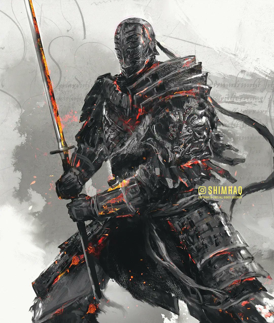 1boy, armor, artist_name, breastplate, commentary, covered_face, dark_souls_(series), dark_souls_ii, embers, english_commentary, fighting_stance, full_armor, helmet, highres, holding, holding_sword, holding_weapon, japanese_armor, kusazuri, male_focus, pauldrons, shimhaq, shoulder_armor, sir_alonne, solo, standing, sword, two-handed, weapon