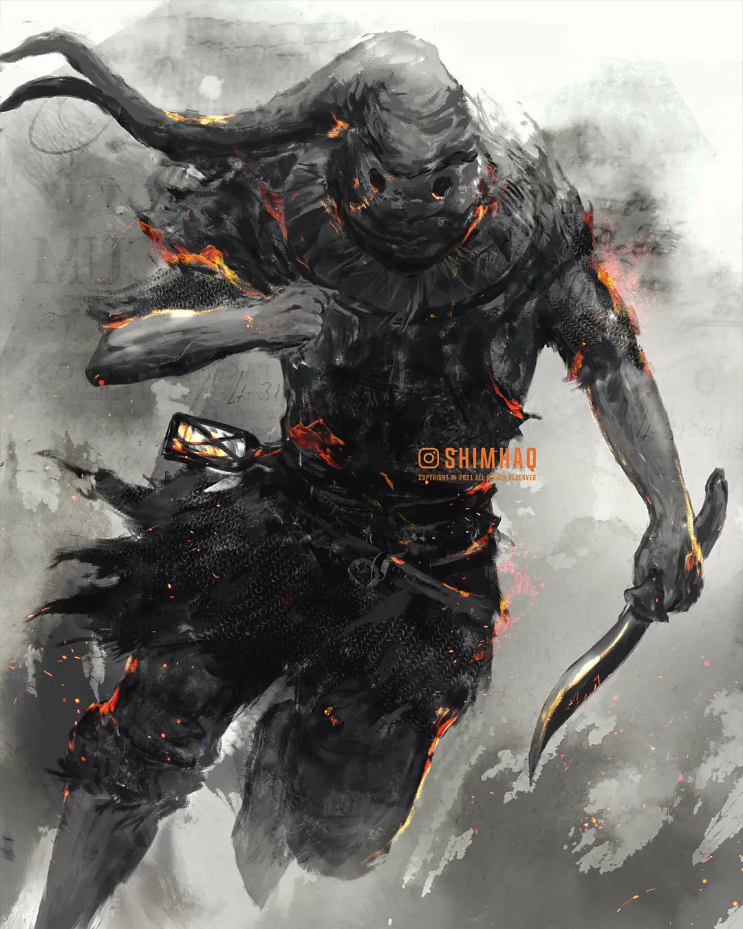 1boy, covered_face, dagger, dark_souls_(series), dark_souls_iii, embers, facing_viewer, greirat_of_the_undead_settlement