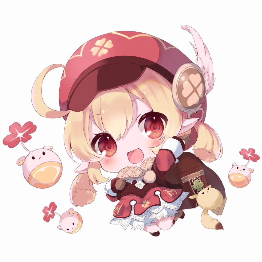 1girl, :d, ahoge, arm_up, backpack, bag, bag_charm, bangs