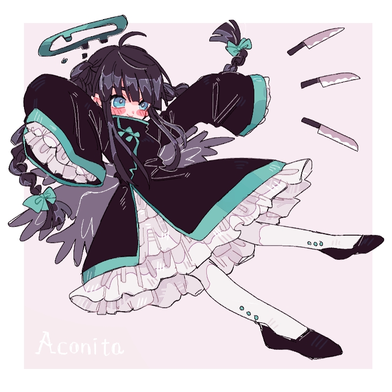 1girl, aconita_(mogeko), ahoge, aqua_eyes, bangs, black_dress, black_footwear, black_hair