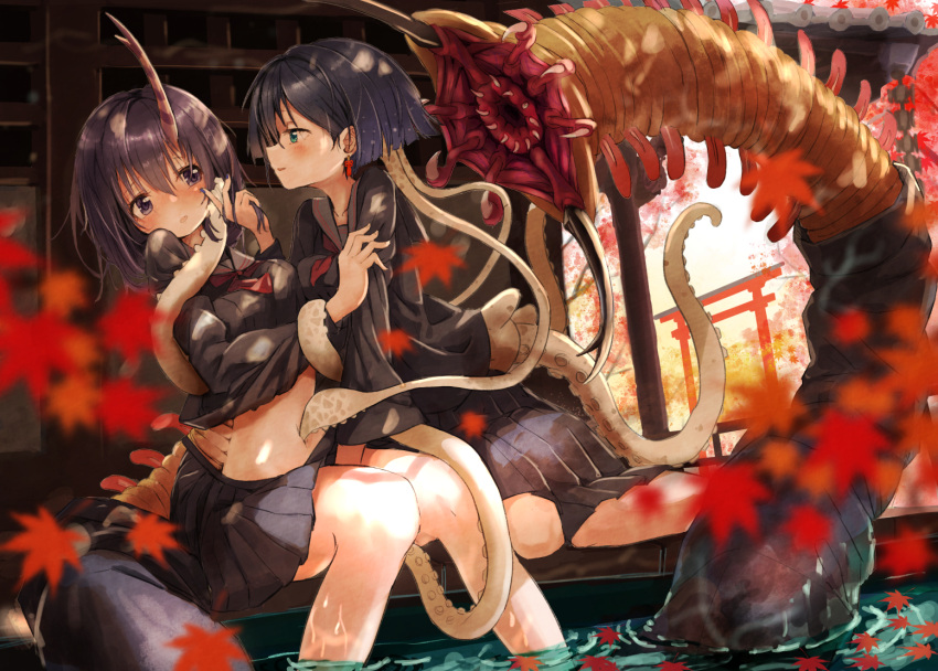 159cm, 2girls, aotama_(159cm), black_hair, black_sailor_collar, black_serafuku, black_shirt, blush