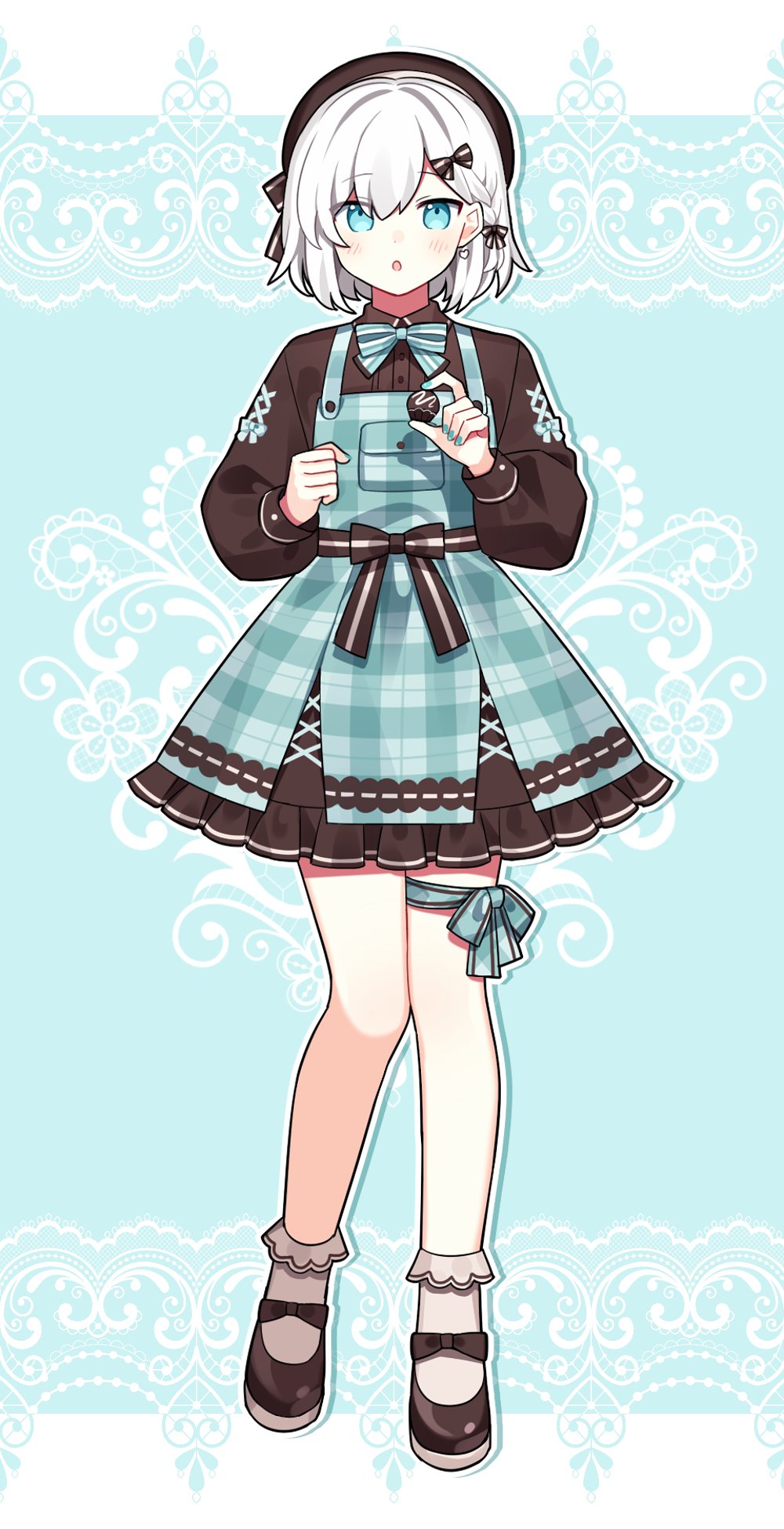 1girl, :o, aqua_background, aqua_bow, aqua_dress, aqua_eyes, aqua_nails, aqua_neckwear, aqua_ribbon, ars_almal, bangs, beret, black_shirt, bow, bowtie, braid, brown_bow, brown_footwear, brown_headwear, brown_shirt, chocolate, dress, dress_bow, earrings, food, footwear_bow, frilled_dress, frilled_legwear, frills, hair_bow, hat, heart, heart_earrings, highres, holding, holding_chocolate, holding_food, jewelry, long_sleeves, looking_at_viewer, mary_janes, nijisanji, plaid, plaid_dress, puffy_long_sleeves, puffy_sleeves, ribbon, shirt, shoes, short_hair, sidelocks, socks, solo, standing, thigh_ribbon, virtual_youtuber, waka_(wk4444), white_hair