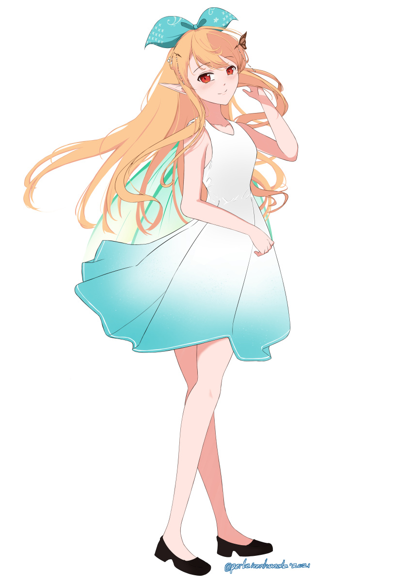 1girl, absurdres, bangs, black_footwear, blonde_hair, blush, bow, butterfly_hair_ornament