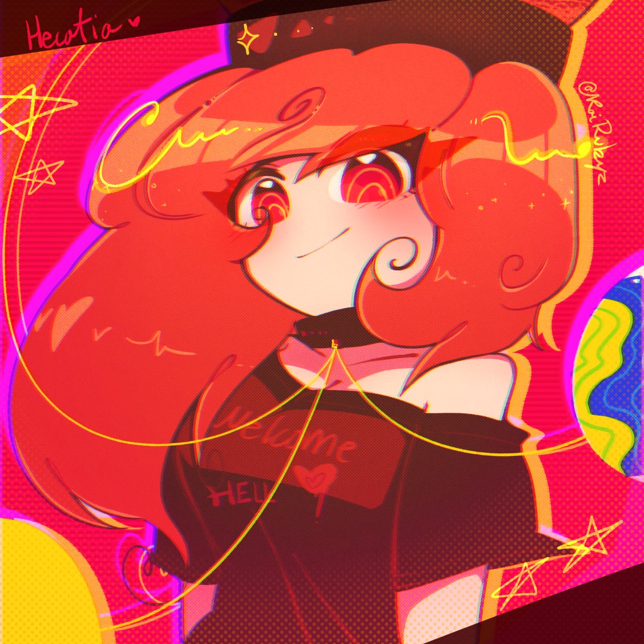 1girl, artist_name, bangs, bare_shoulders, black_border, black_headwear, black_neckwear, black_shirt
