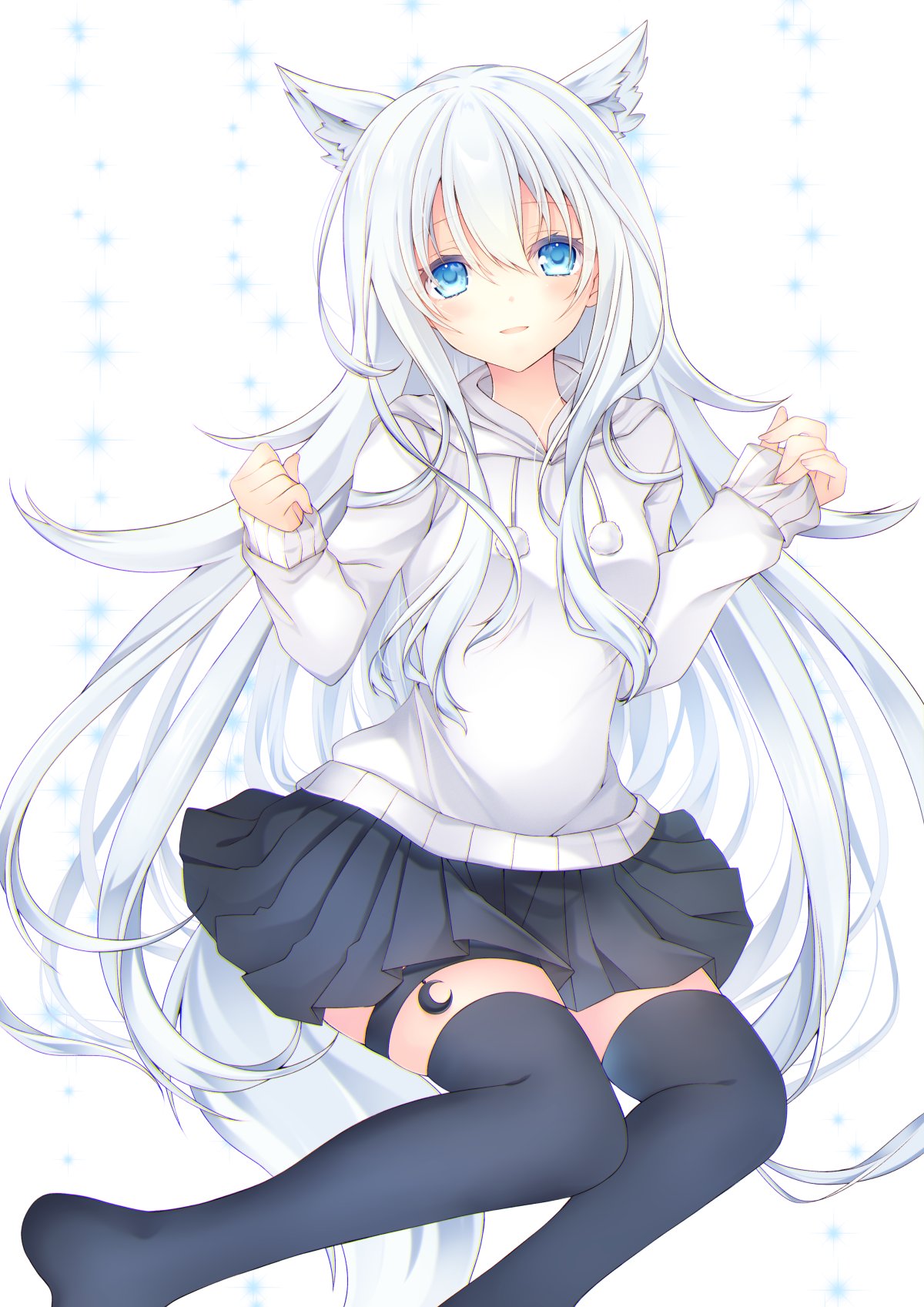 1girl, animal_ear_fluff, animal_ears, black_legwear, black_skirt, commission, highres, hiryuu_kanon