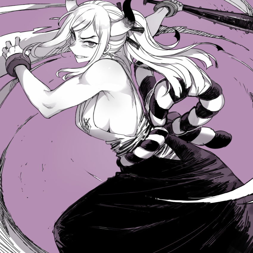 1girl, action, breasts, club_(weapon), commentary, cuffs, earrings, hakama, hakama_skirt, highres, holding_club, horns, incoming_attack, japanese_clothes, jewelry, large_breasts, long_hair, looking_at_viewer, one_piece, ponytail, purple_background, purple_theme, ratatatat74, ringed_eyes, rope, shimenawa, shirt, sideboob, simple_background, skirt, sleeveless, sleeveless_shirt, solo, spiked_club, weapon, yamato_(one_piece)