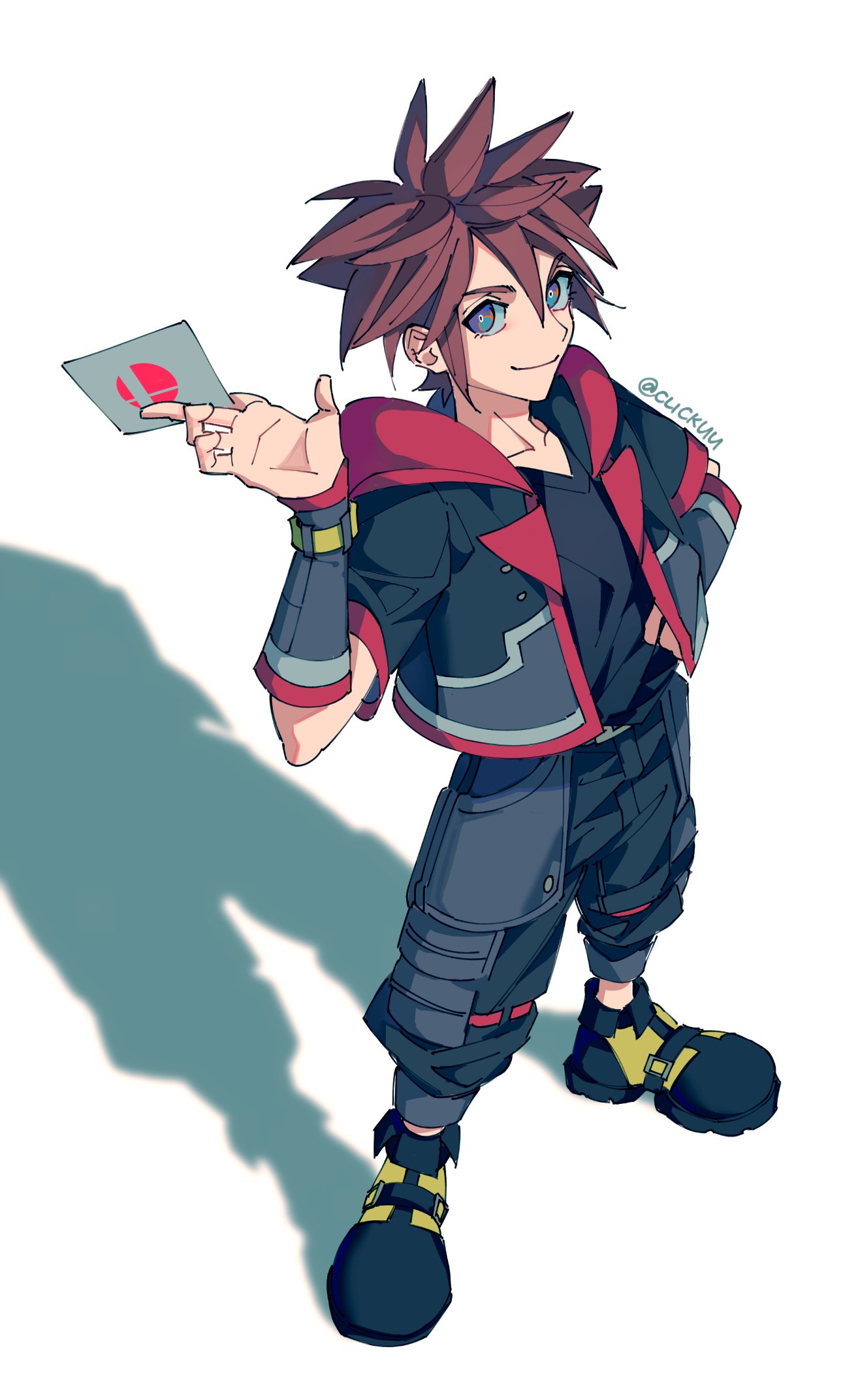 1boy, blue_eyes, brown_hair, clickuu, envelope, fingerless_gloves, gloves, highres, hood, jewelry, kingdom_hearts, kingdom_hearts_iii, looking_at_viewer, male_focus, necklace, short_hair, simple_background, smash_invitation, smile, solo, sora_(kingdom_hearts), spiky_hair, super_smash_bros., white_background