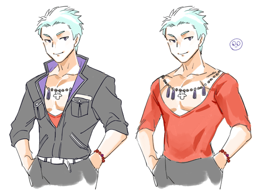 1boy, 5_(1boshi), bead_bracelet, bead_necklace, beads, blue_hair, bracelet, collarbone