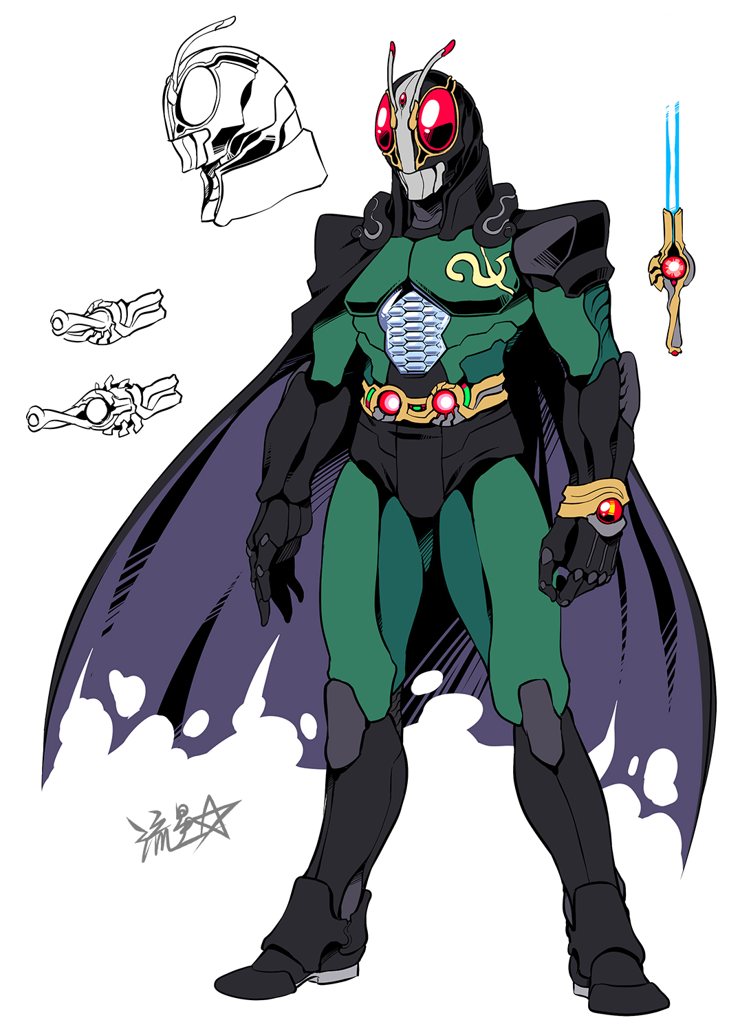 1boy, armor, black_cape, cape, energy_sword, full_body, gauntlets, helmet