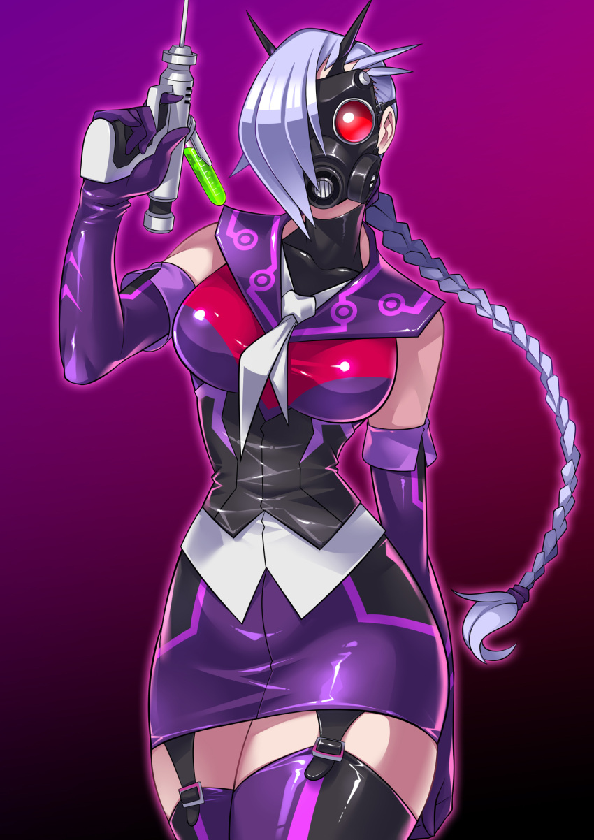 1girl, braid, breasts, closed_mouth, contrapposto, cowboy_shot, elbow_gloves, finger_on_trigger