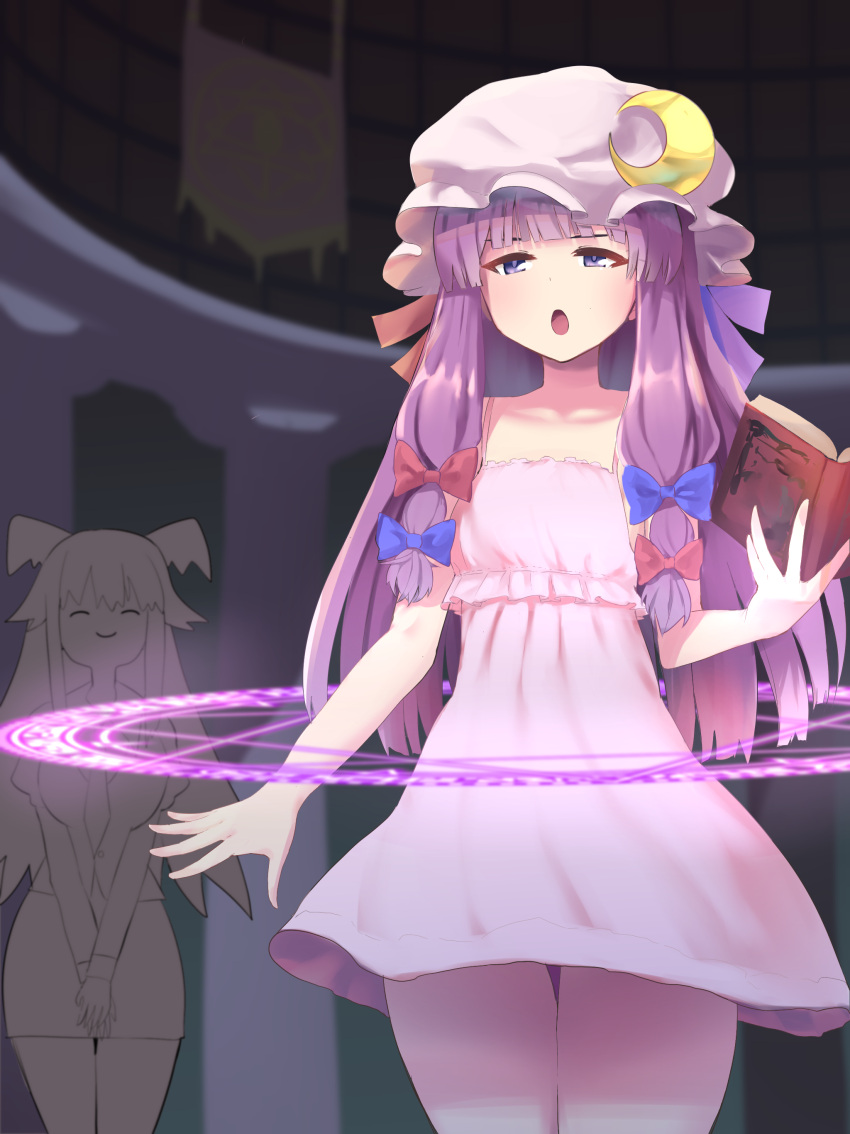 2girls, absurdres, alternate_costume, bangs, bat_wings, book, breasts, commentary_request