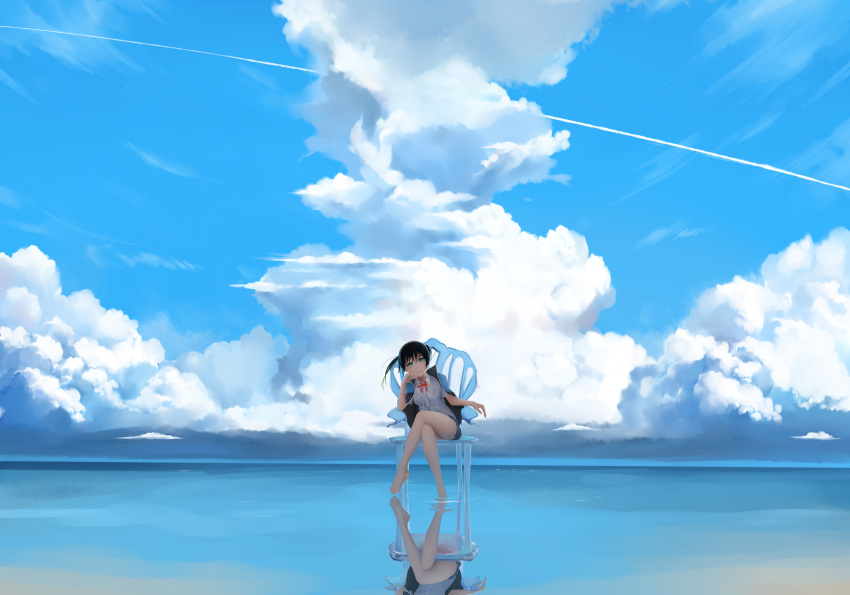1girl, absurdres, bangs, bare_legs, black_hair, blue_jacket, condensation_trail, crossed_legs