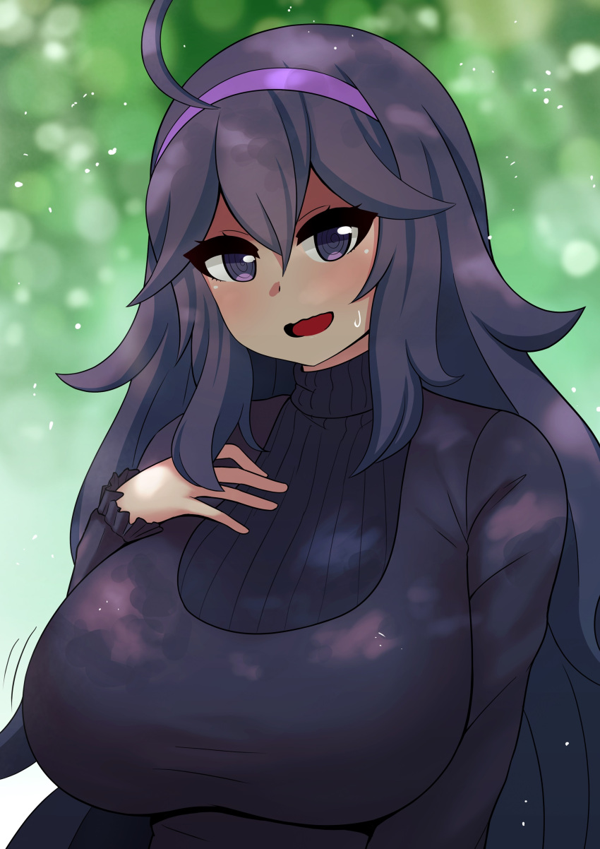 1girl, absurdres, ahoge, blush, breasts, dress, hand_on_own_chest, headband
