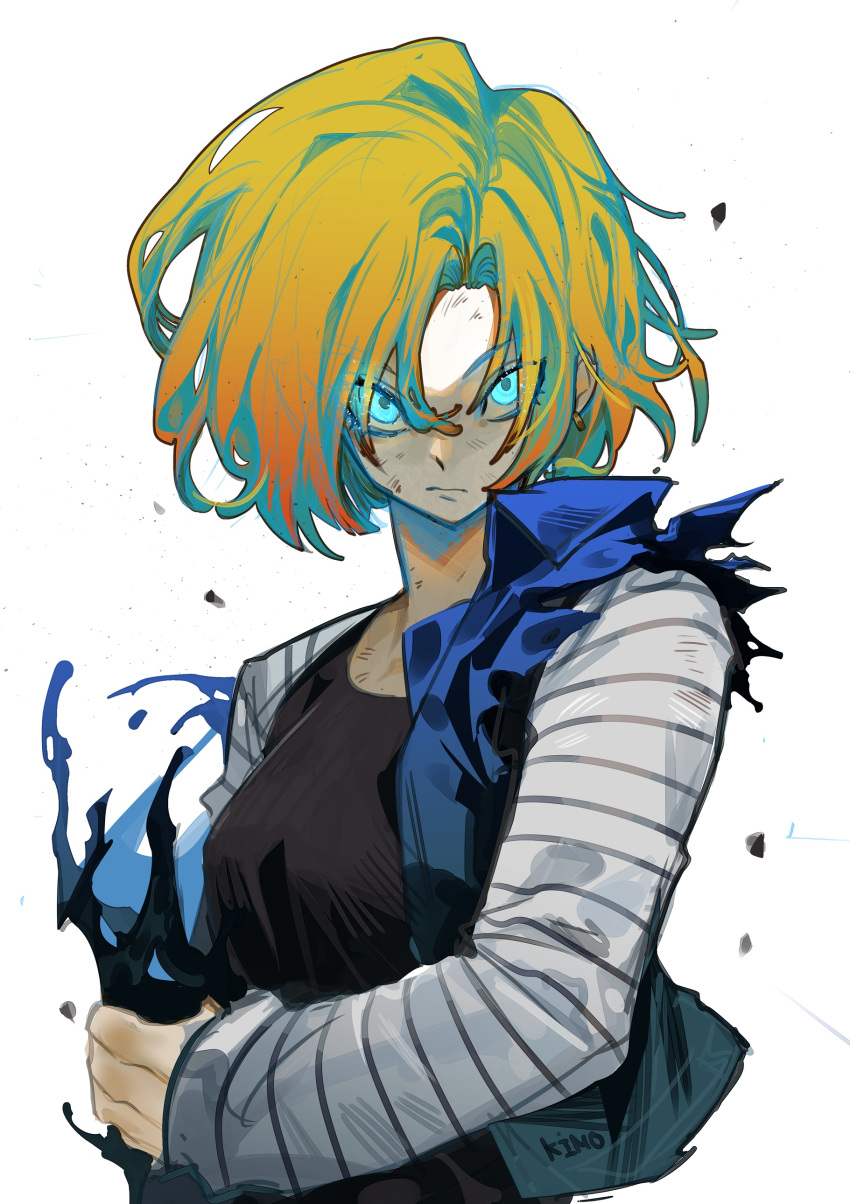1girl, absurdres, android_18, artist_name, blonde_hair, blue_eyes, closed_mouth, dragon_ball, dragon_ball_z, forehead, glowing, glowing_eyes, highres, kimo, long_sleeves, looking_at_viewer, shirt, shirt_under_shirt, short_hair, simple_background, solo, striped, striped_shirt, torn_clothes, upper_body, vest, white_background
