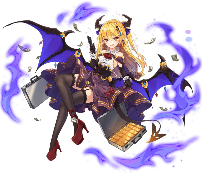 1girl, :d, ark_order, bangs, black_corset, black_gloves, black_legwear, blonde_hair, blue_bow, bow, briefcase, cape, card, center_frills, corset, credit_card, dango_remi, demon_girl, demon_horns, demon_tail, demon_wings, dollar_bill, dollar_hair_ornament, dollar_sign, elbow_gloves, flat_chest, frills, full_body, garter_straps, gloves, gold_bar, hair_bow, hair_ornament, high_heels, holding, holding_card, horns, lace-trimmed_legwear, lace_trim, long_hair, looking_at_viewer, mammon_(ark_order), money, official_art, open_mouth, pointy_ears, purple_cape, purple_skirt, red_bow, red_footwear, shirt, shoes, skirt, sleeveless, sleeveless_shirt, smile, solo, suitcase, tachi-e, tail, thigh-highs, transparent_background, very_long_hair, white_shirt, wings, yellow_eyes