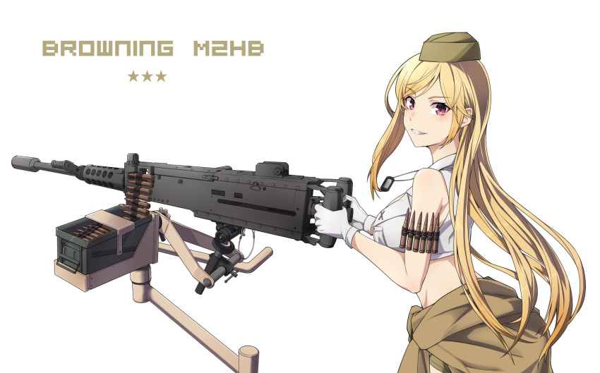 1girl, ammunition_belt, ammunition_box, blonde_hair, brown_jacket, character_name, clothes_around_waist, dog_tags