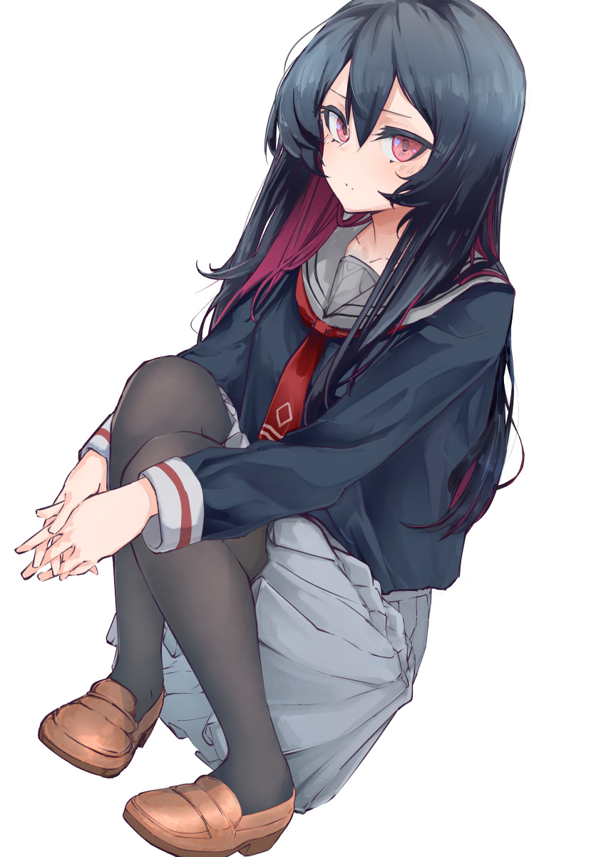 1girl, absurdres, bangs, black_hair, black_legwear, blue_shirt, blush, brown_footwear, check_commentary, collarbone, colored_inner_hair, commentary, commentary_request, eyebrows_visible_through_hair, genderswap, genderswap_(mtf), hair_between_eyes, highres, knees_together_feet_apart, koutyamochi, long_hair, long_sleeves, looking_at_viewer, multicolored_hair, necktie, pantyhose, pleated_skirt, red_eyes, red_neckwear, redhead, ren_(witch's_weapon), sailor_collar, school_uniform, shirt, simple_background, skirt, solo, squatting, steepled_fingers, two-tone_hair, white_background, witch's_weapon